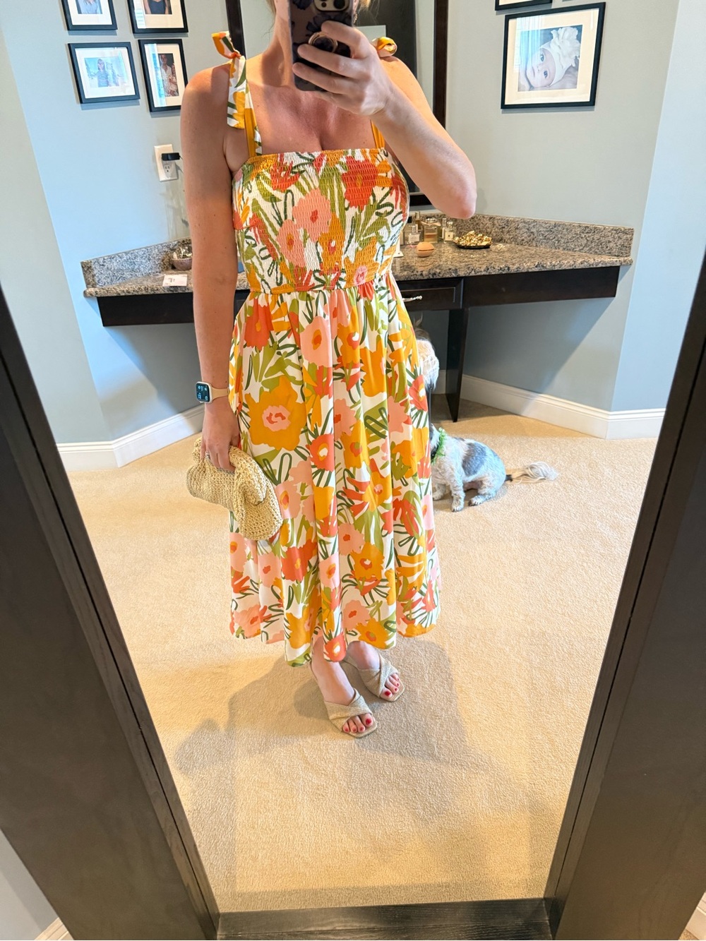 Smocked Midi Dress with Yellow & Pink Floral Print